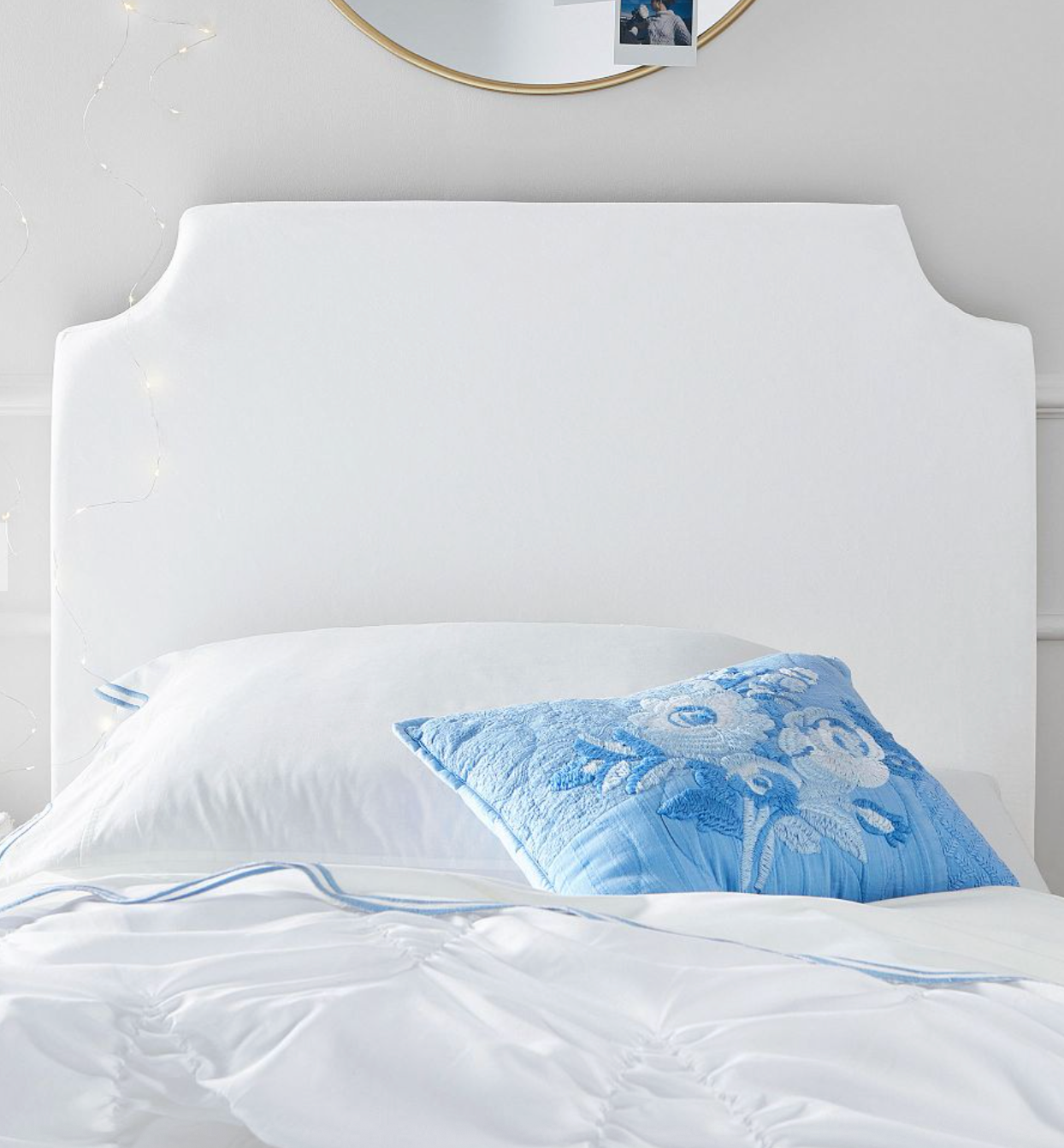 Pottery Barn Teen white twin velvet headboard with charging outlet.