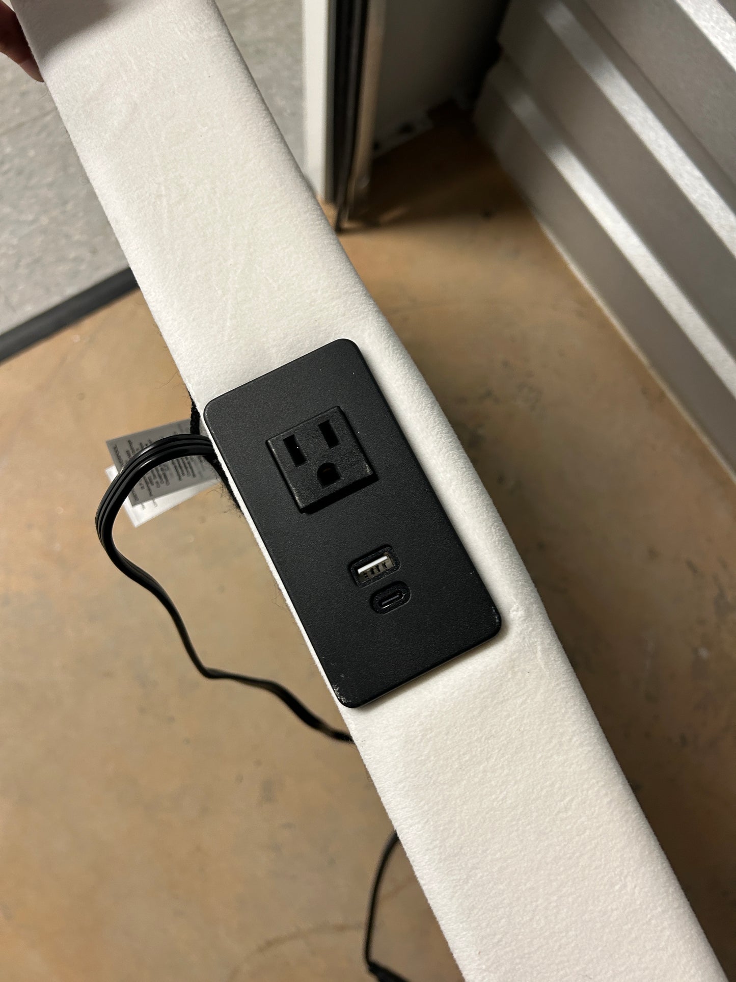 Pottery Barn Teen white twin velvet headboard with charging outlet.