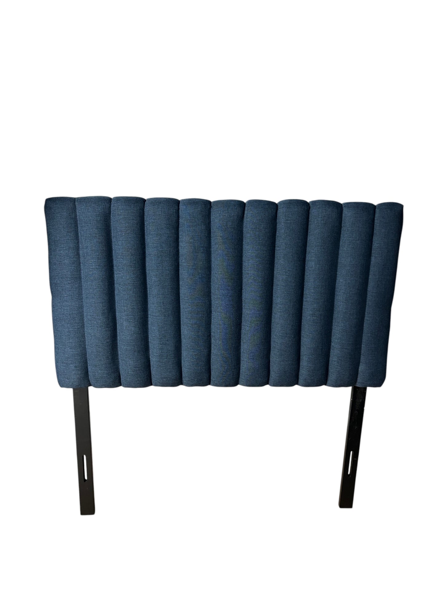 Wayfair blue upholstered channel-tufted twin headboard with vertical pleating and black metal legs.