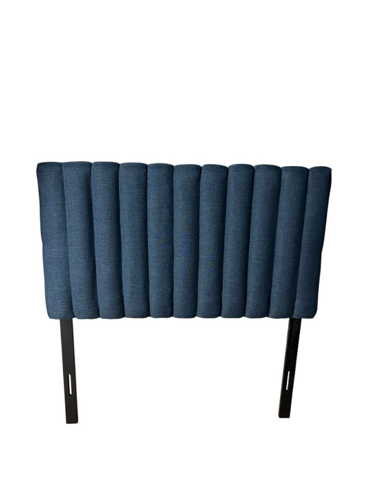 Wayfair blue upholstered channel-tufted twin headboard with vertical pleating and black metal legs.
