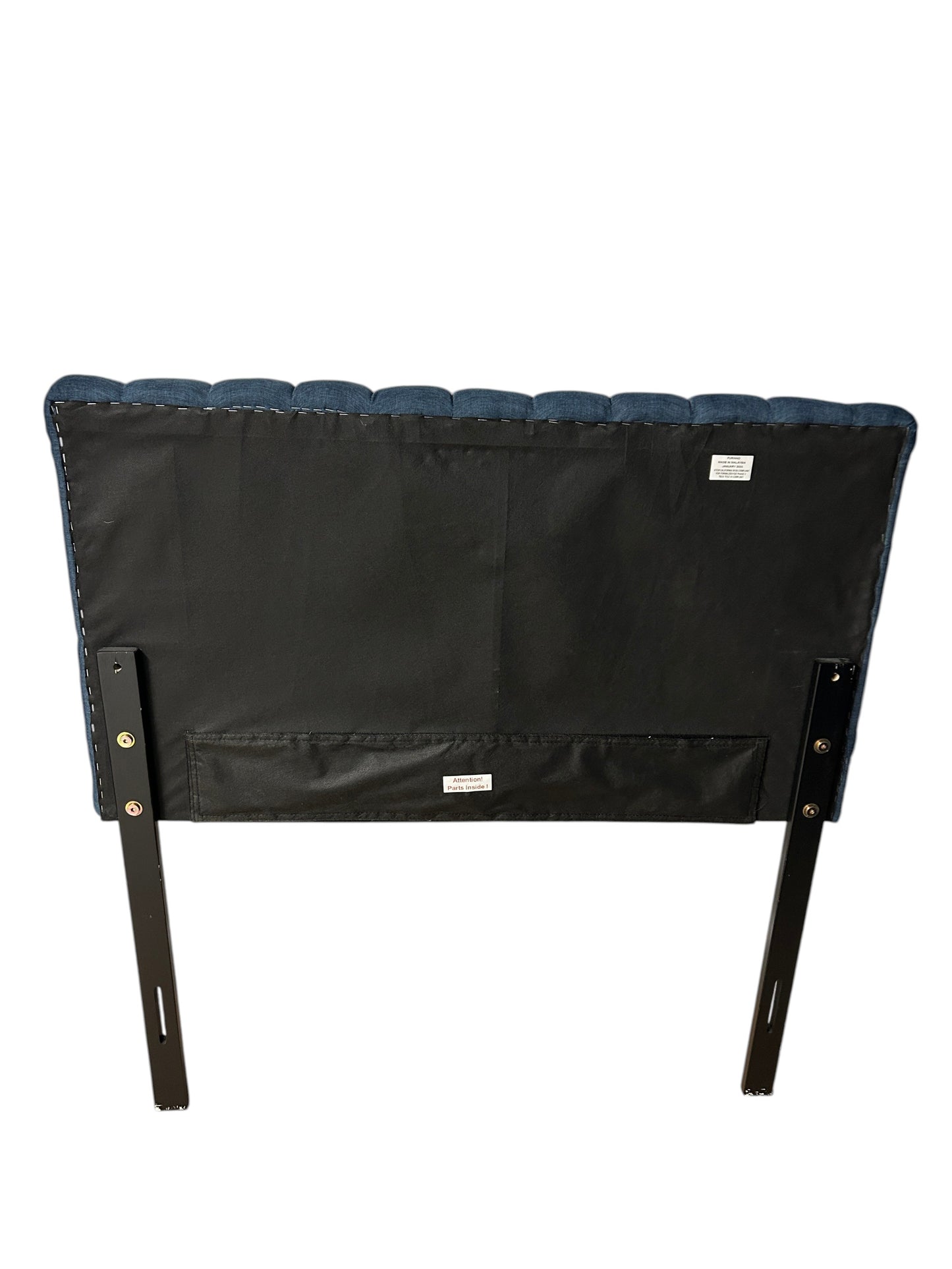 Wayfair blue upholstered channel-tufted twin headboard with vertical pleating and black metal legs.