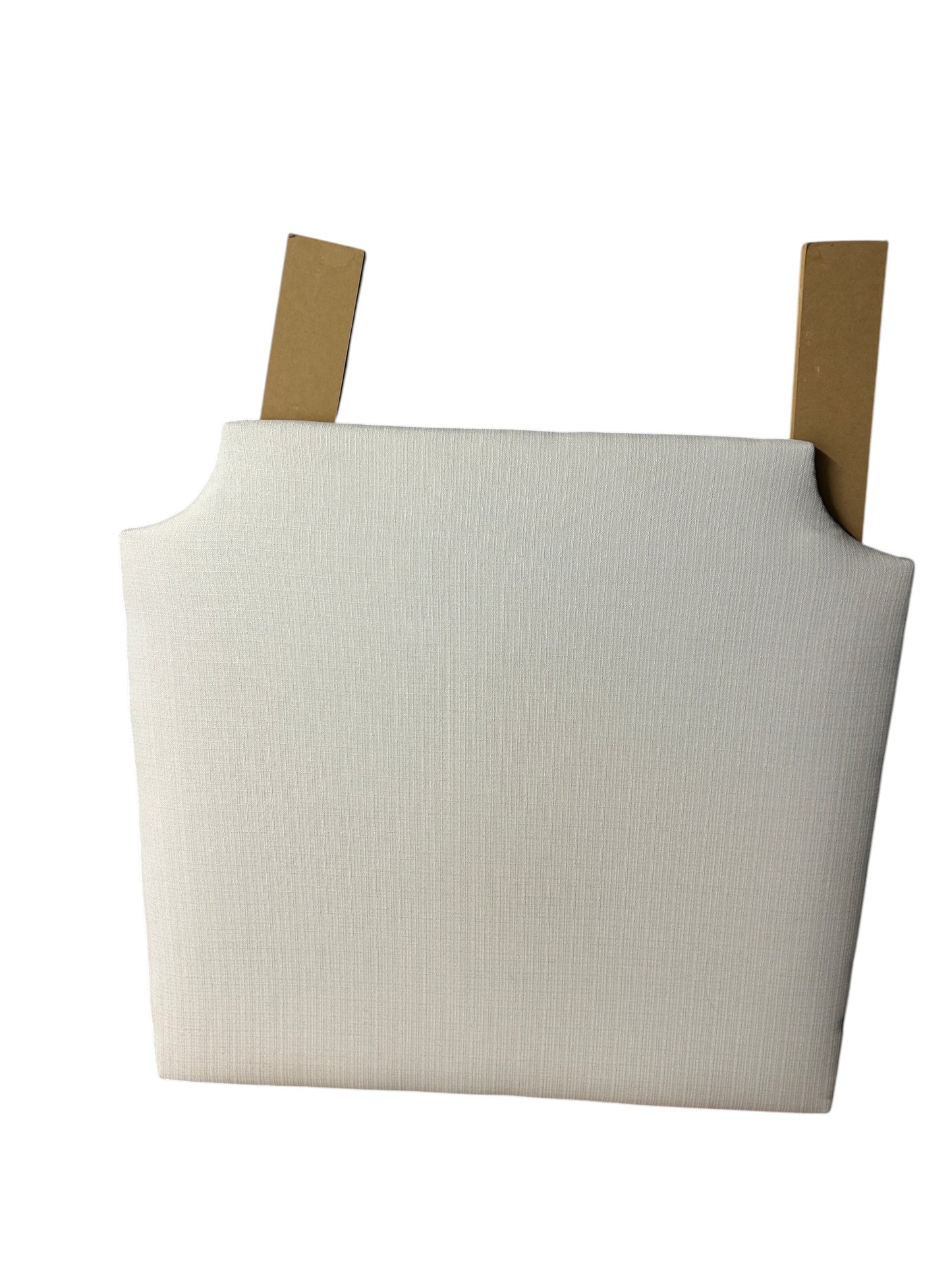 White Dorm Decor twin headboard with textured fabric and wooden legs.