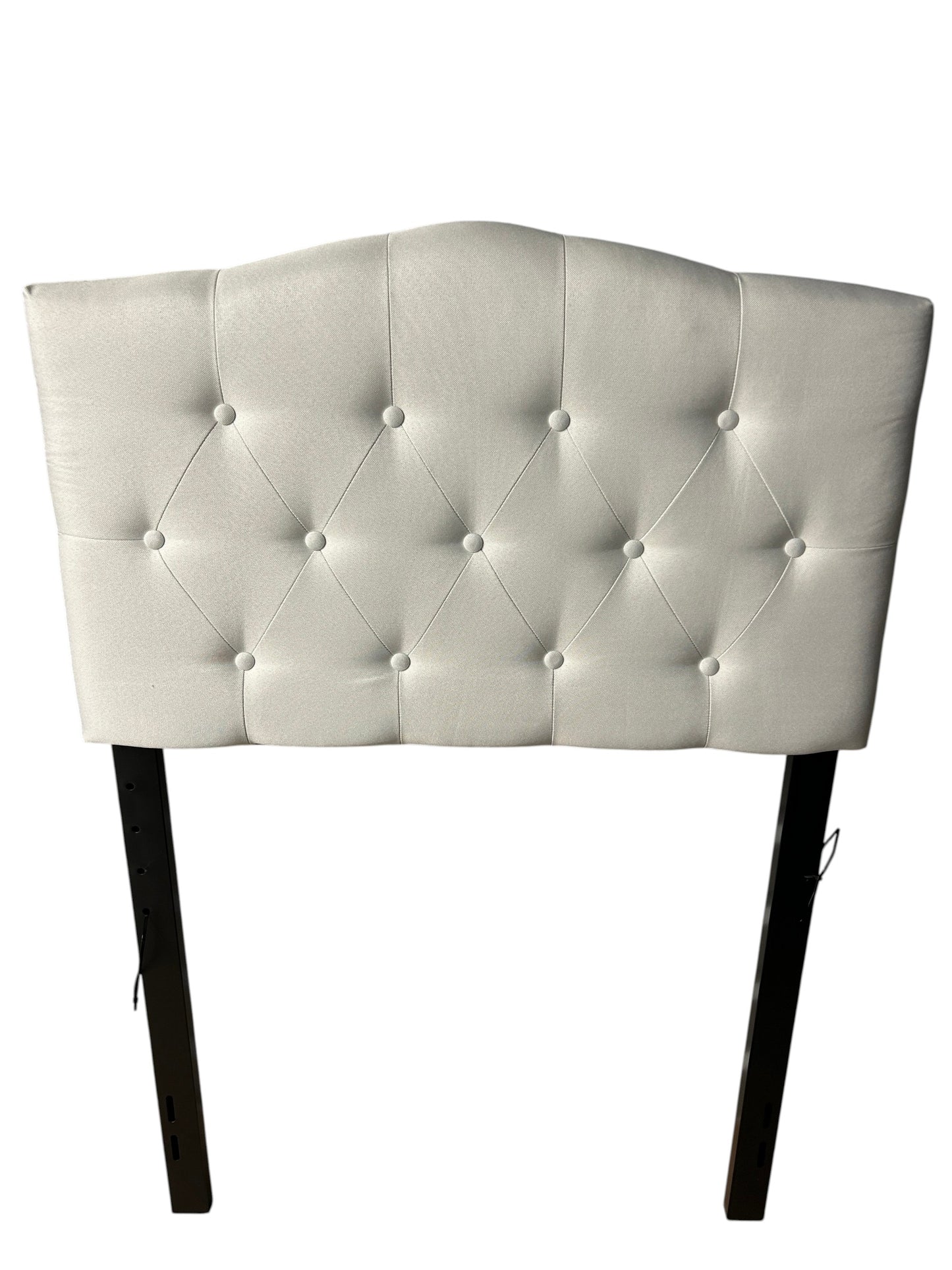Gray twin headboard with black metal legs.