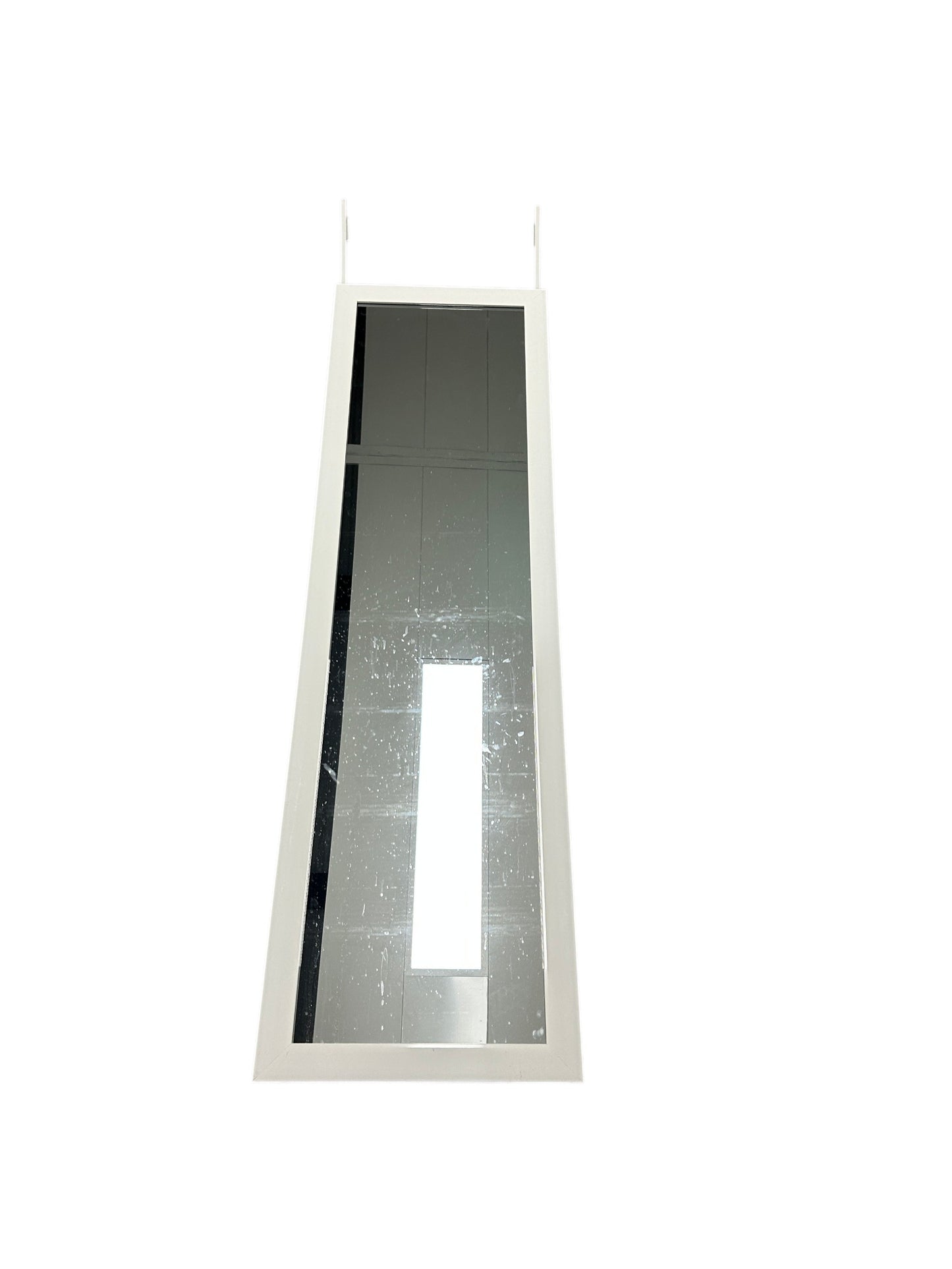 Full-length over-the-door mirror with white frame and metal hanging hooks.