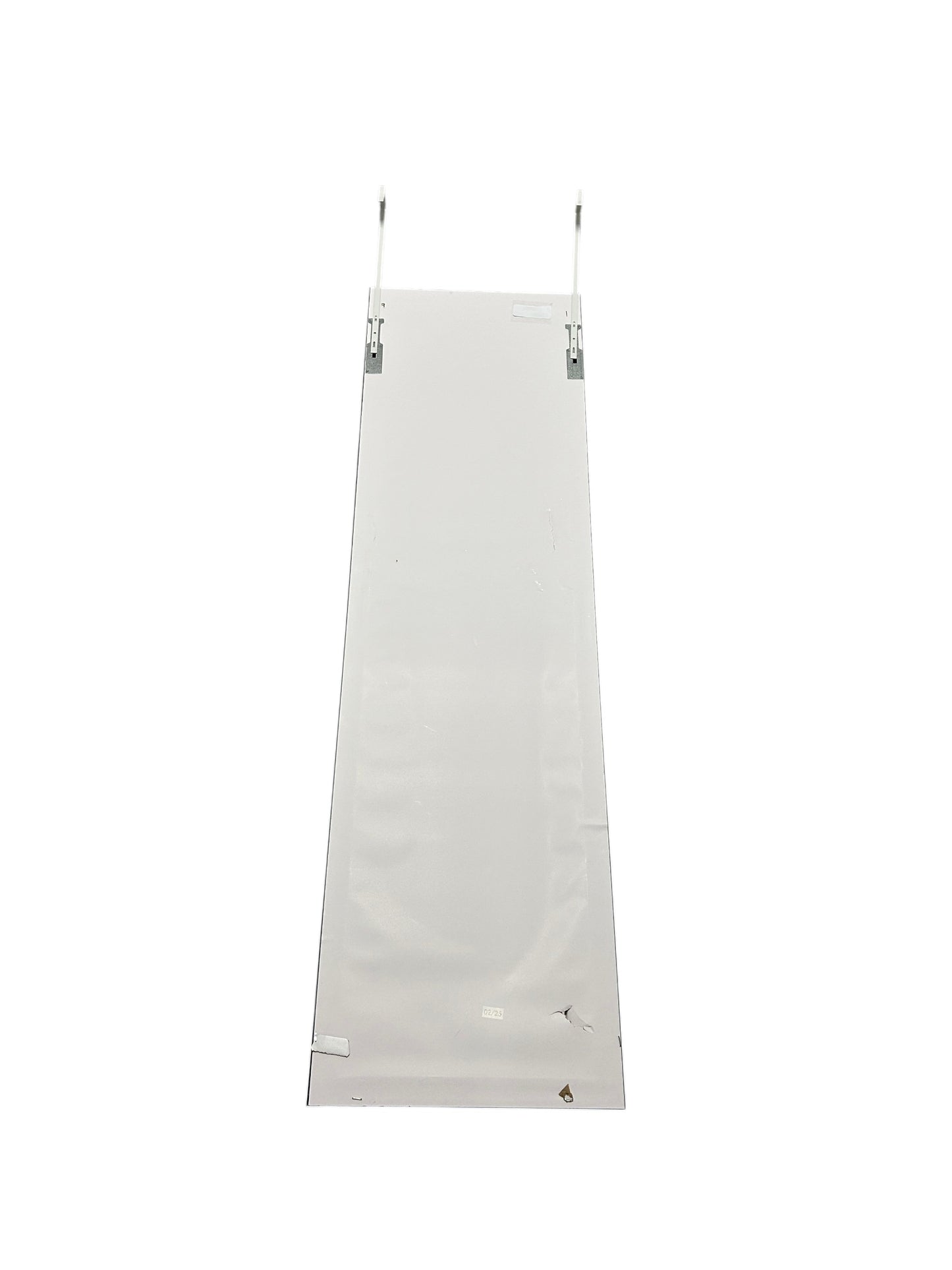 Full-length over-the-door mirror with white frame and metal hanging hooks.