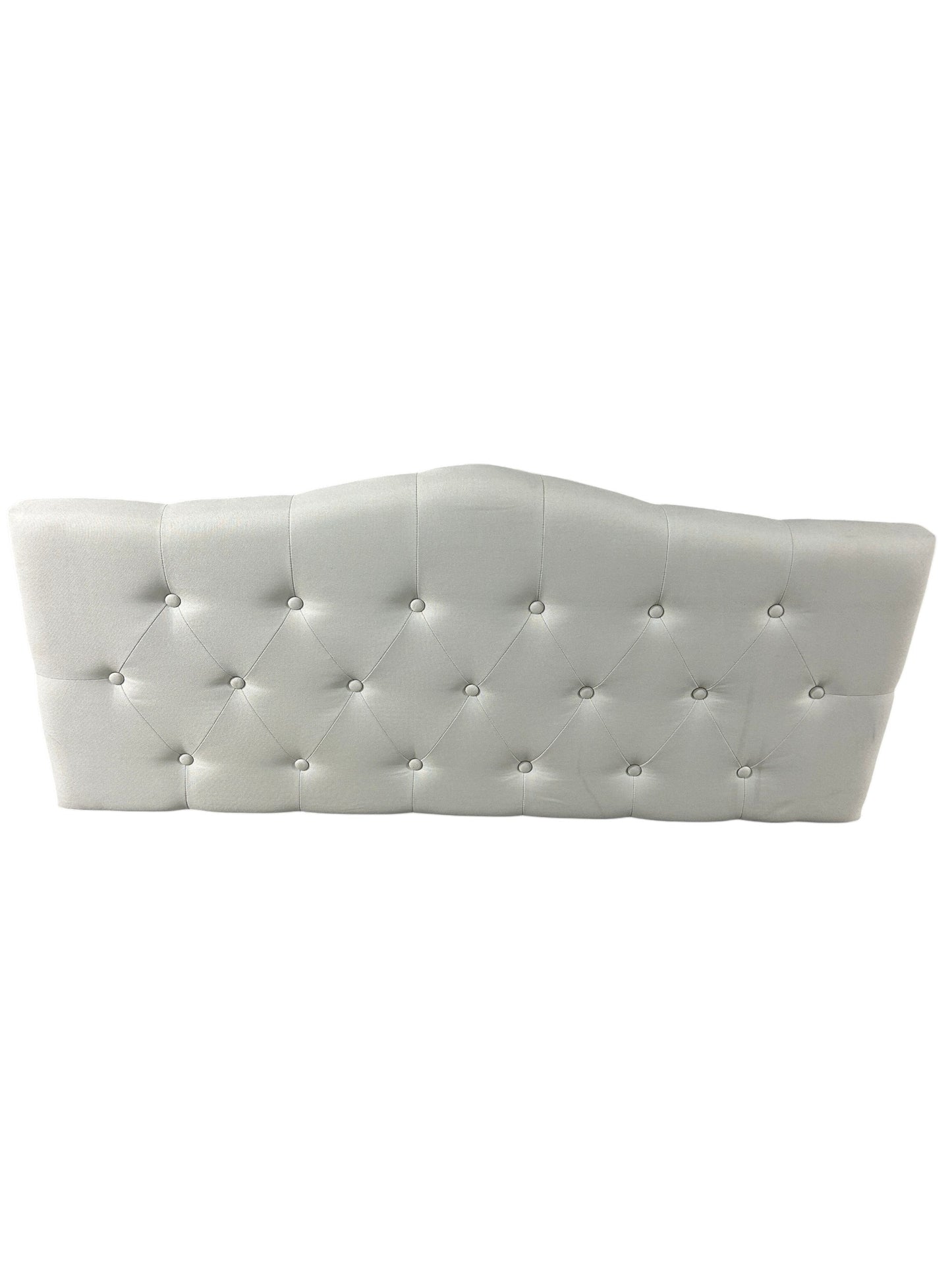 White queen upholstered tufted headboard with diamond button detailing.