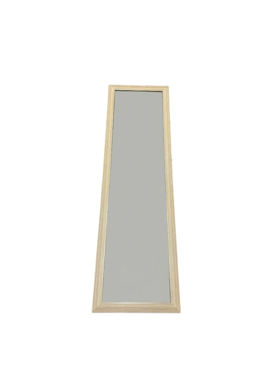Full-length standing mirror with a light wood frame.