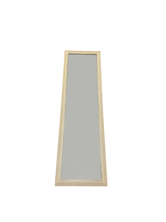 Full-length standing mirror with a light wood frame.