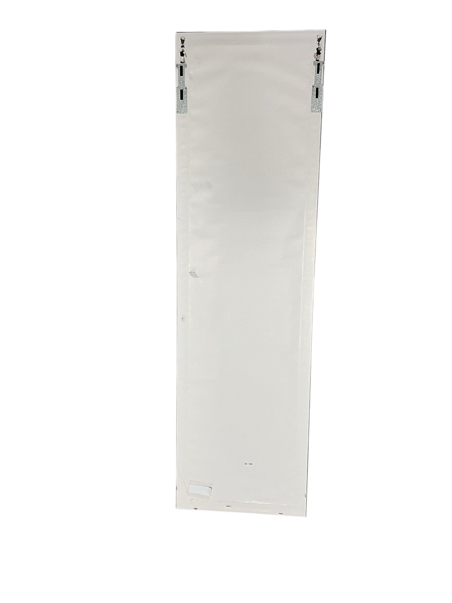 Full-length standing mirror with a light wood frame.