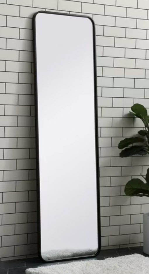 Full-length floor mirror with rounded corners and a black frame.