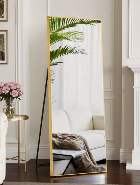 Wayfair full-length rectangular floor mirror with a gold metal frame.