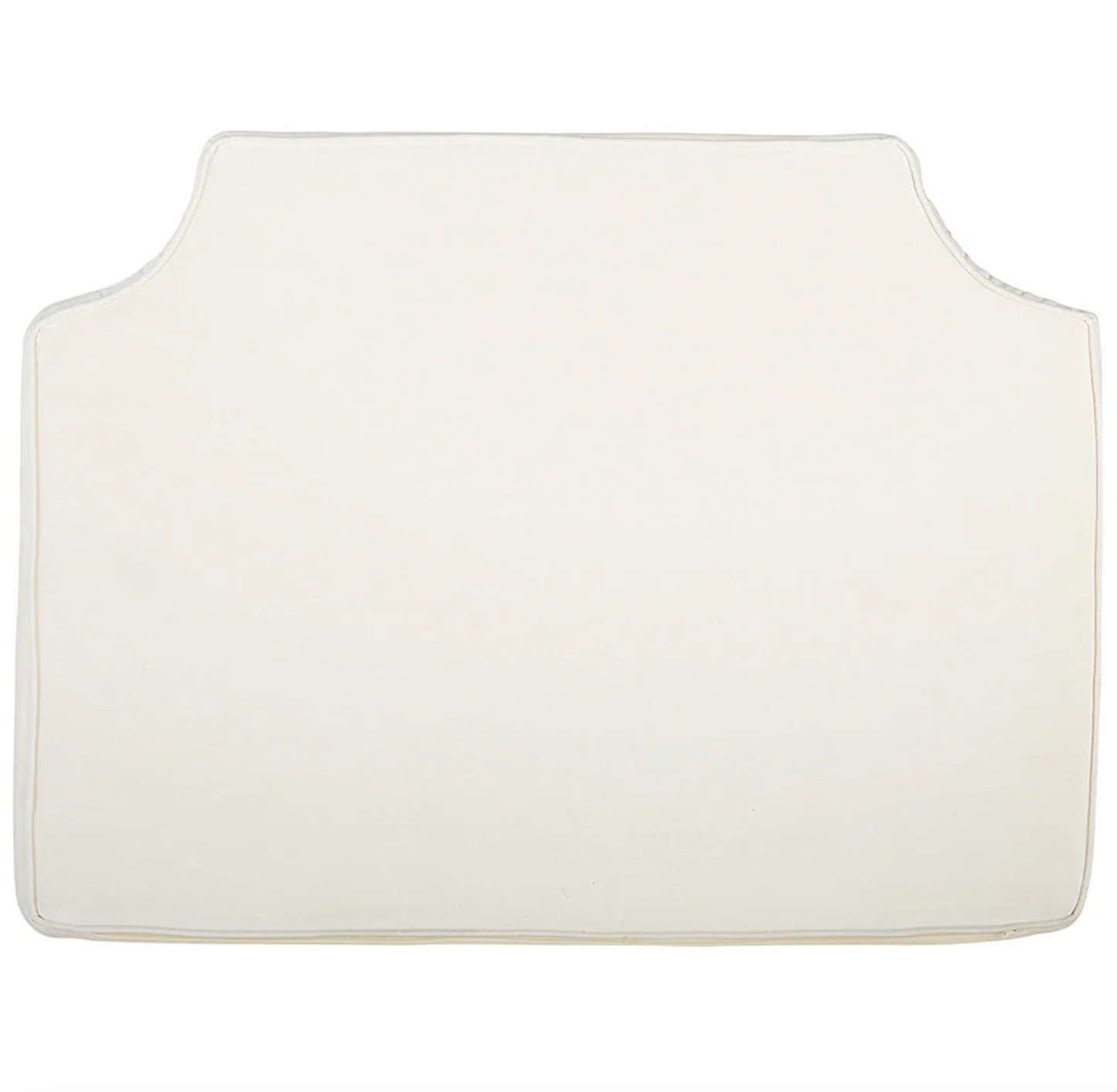 Room 422 twin white headboard with white piping trim along the edges.