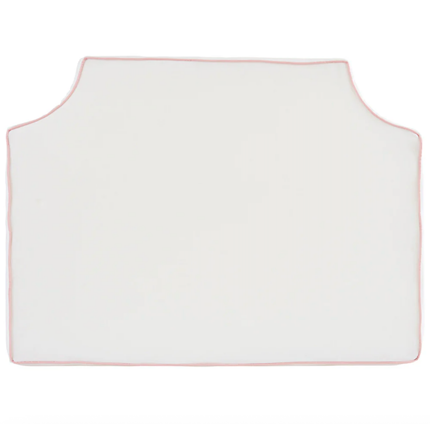 Room 422 twin white headboard with light pink piping trim along the edges.
