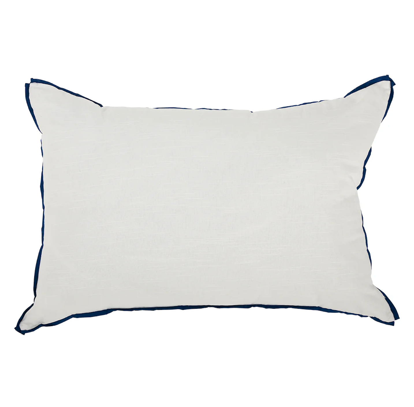 Room 422 white rectangular bed pillow with navy blue piping trim along the edges.