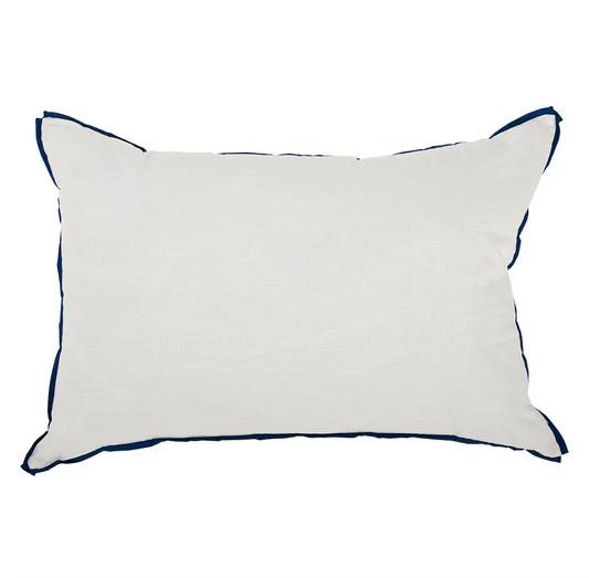 Room 422 white rectangular bed pillow with navy blue piping trim along the edges.