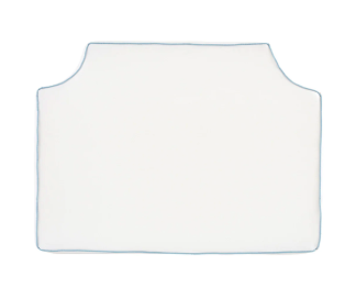 Room 422 twin white headboard with light blue piping trim along the edges.