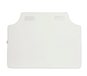 Room 422 twin white headboard with light blue piping trim along the edges.