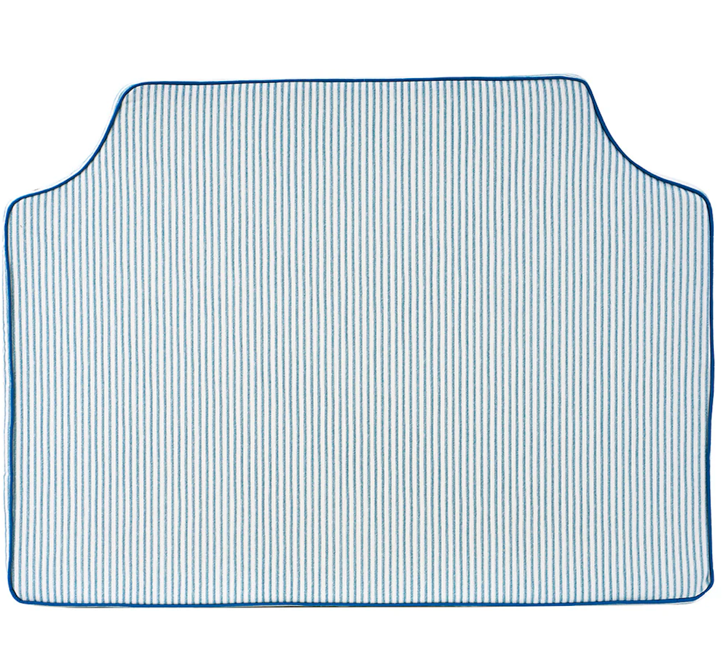 Room 422 twin blue and white striped headboard with blue piping trim along the edges.