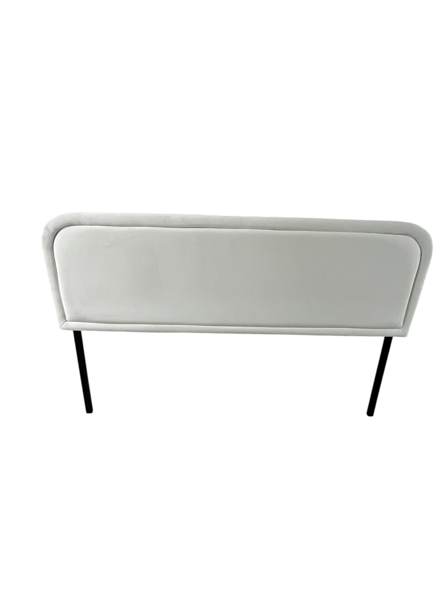 White queen velvet headboard with black metal legs.
