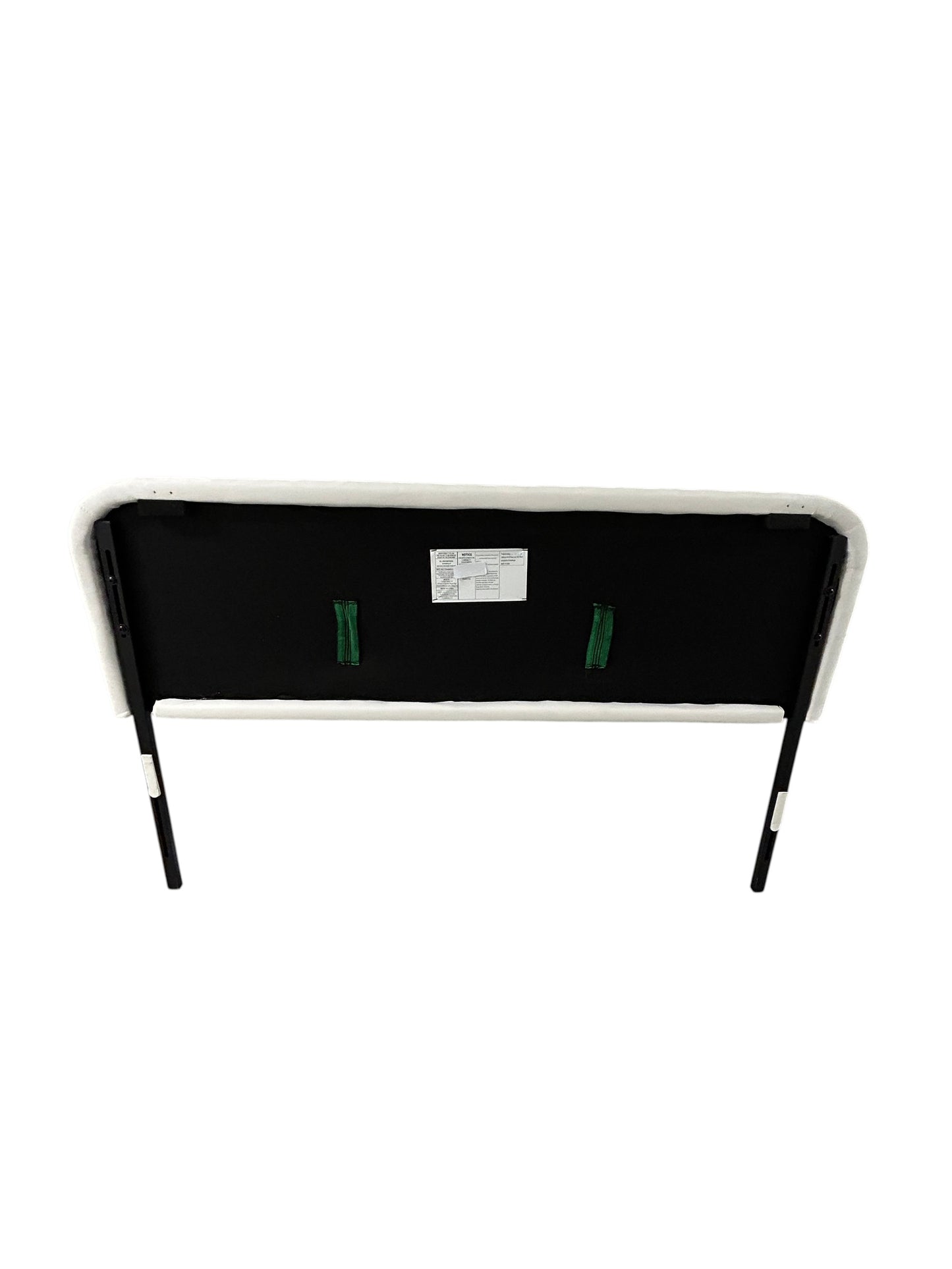 White queen velvet headboard with black metal legs.