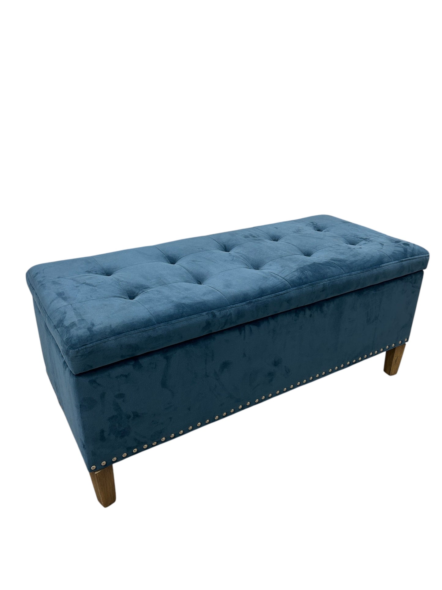 Wayfair upholstered ottoman bench with nailhead trim and wooden legs.
