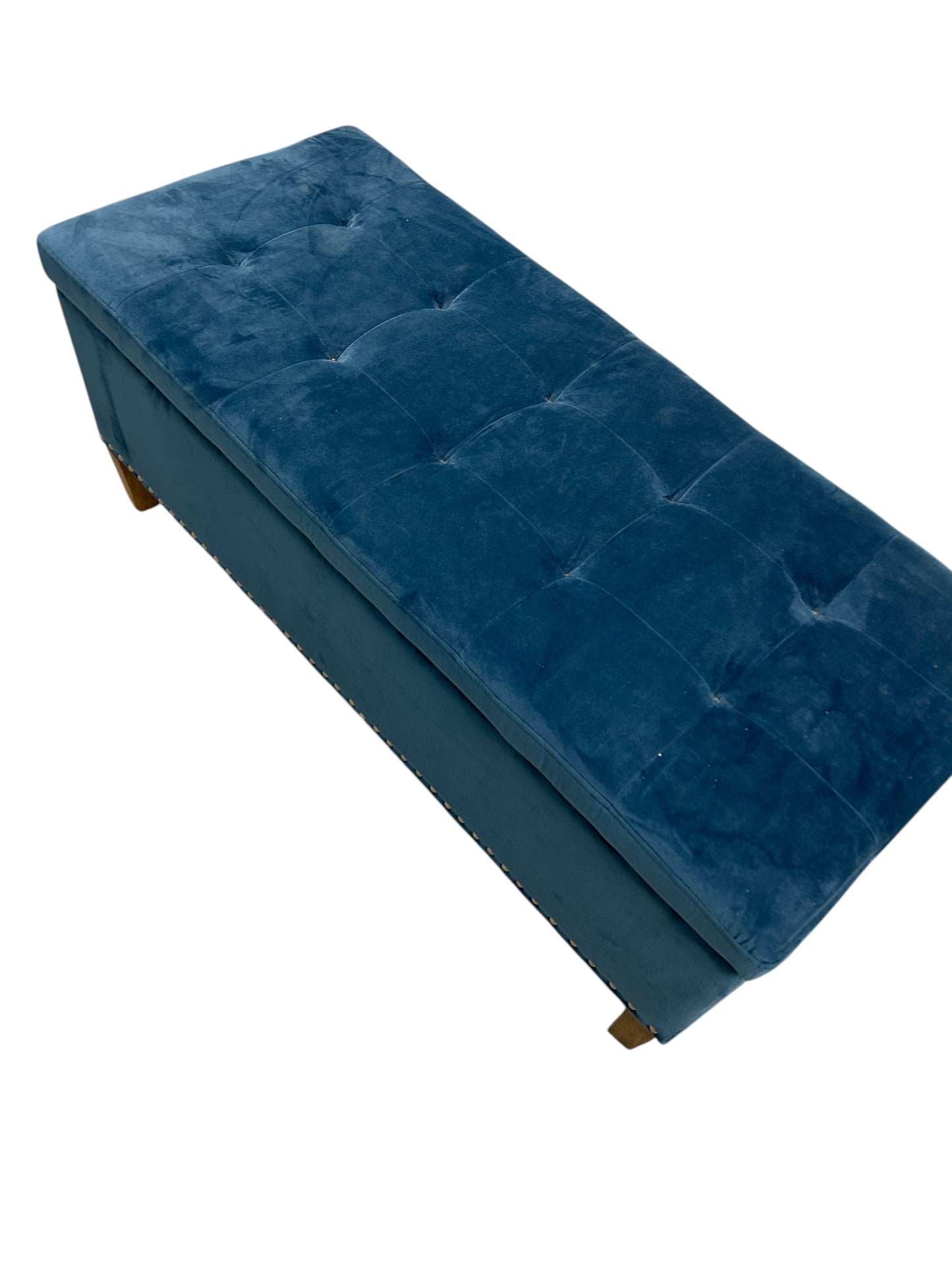 Wayfair upholstered ottoman bench with nailhead trim and wooden legs.