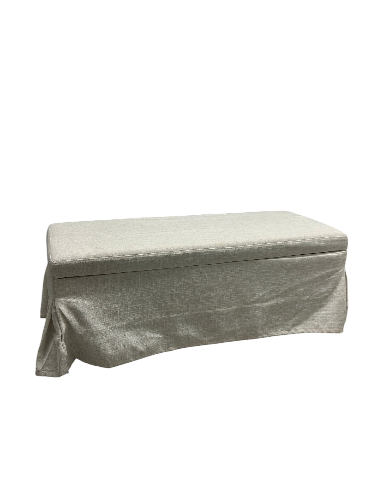 Wayfair beige upholstered ottoman bench with a hinged top and draped fabric skirt.