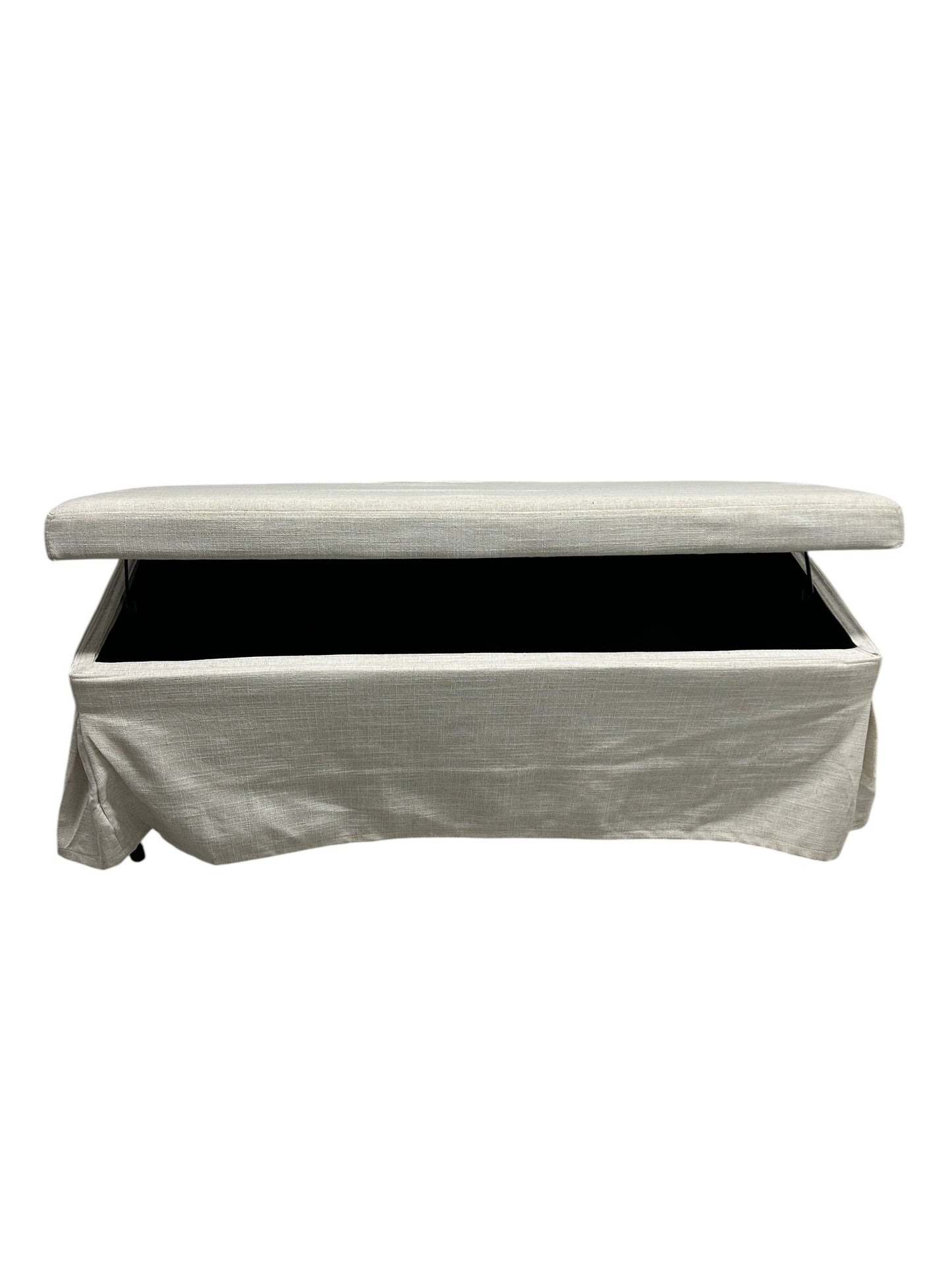 Wayfair beige upholstered ottoman bench with a hinged top and draped fabric skirt.