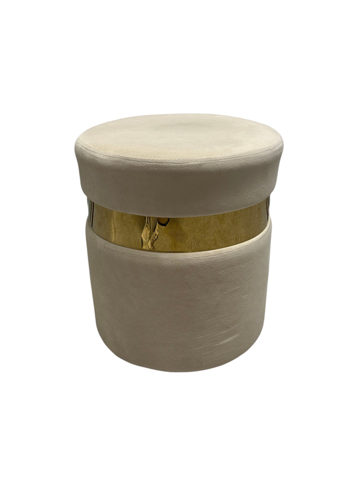 Cream velvet ottoman with a gold accent band.