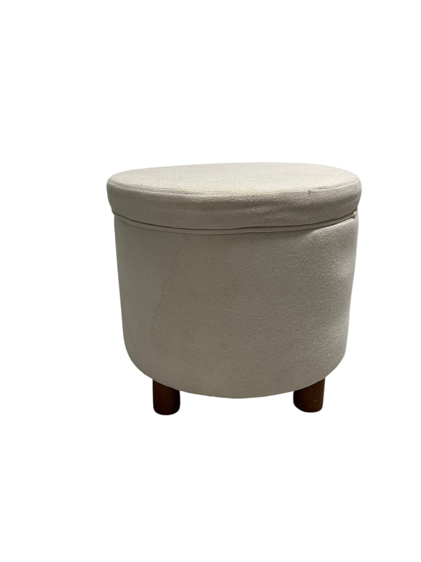 Wayfair cream fabric ottoman with storage and wooden legs.