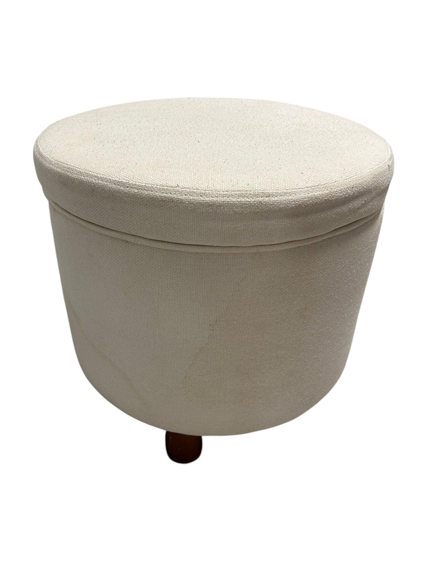 Wayfair cream fabric ottoman with storage and wooden legs.