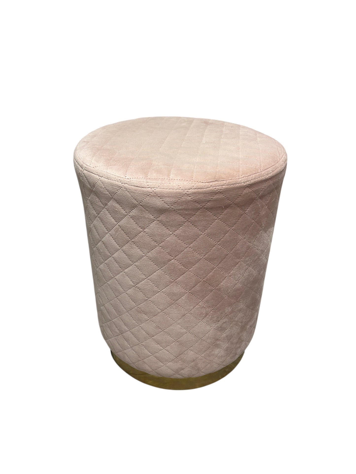 Light pink quilted, velvet ottoman with a gold base.