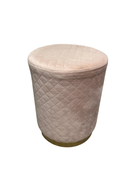 Light pink quilted, velvet ottoman with a gold base.