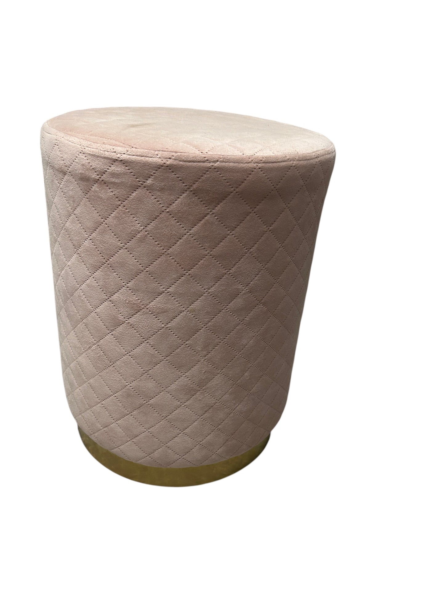 Light pink quilted, velvet ottoman with a gold base.