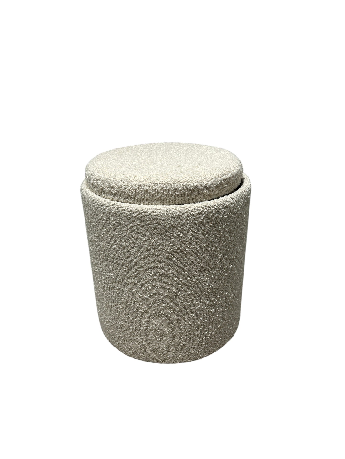 Cream yarn ottoman with storage and wooden tray top.