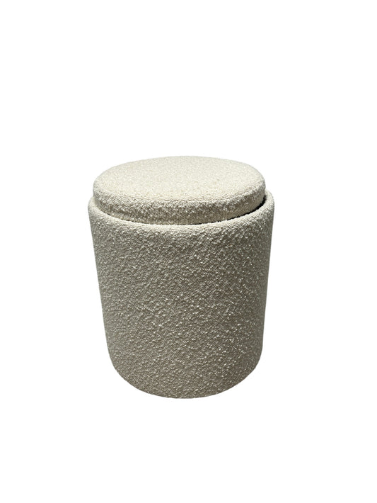 Cream yarn ottoman with storage and wooden tray top.