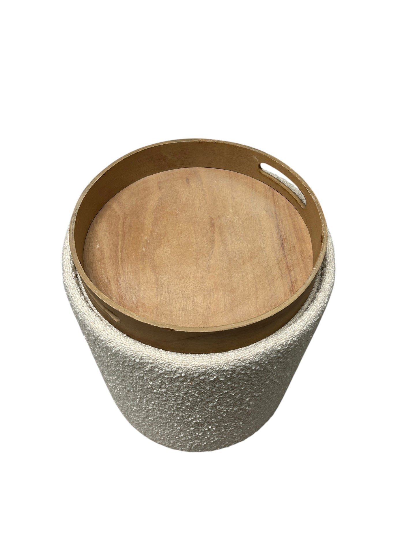 Cream yarn ottoman with storage and wooden tray top.