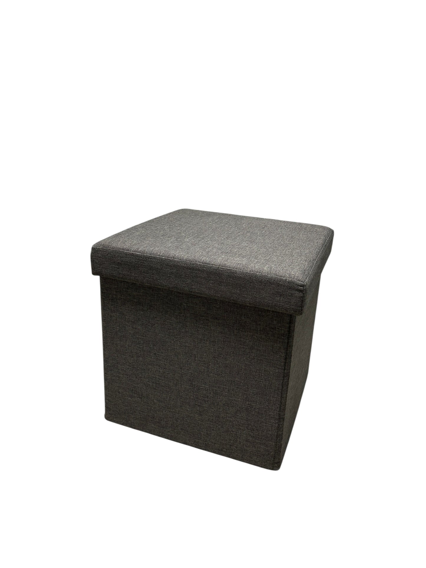 Dark gray, square storage ottoman.
