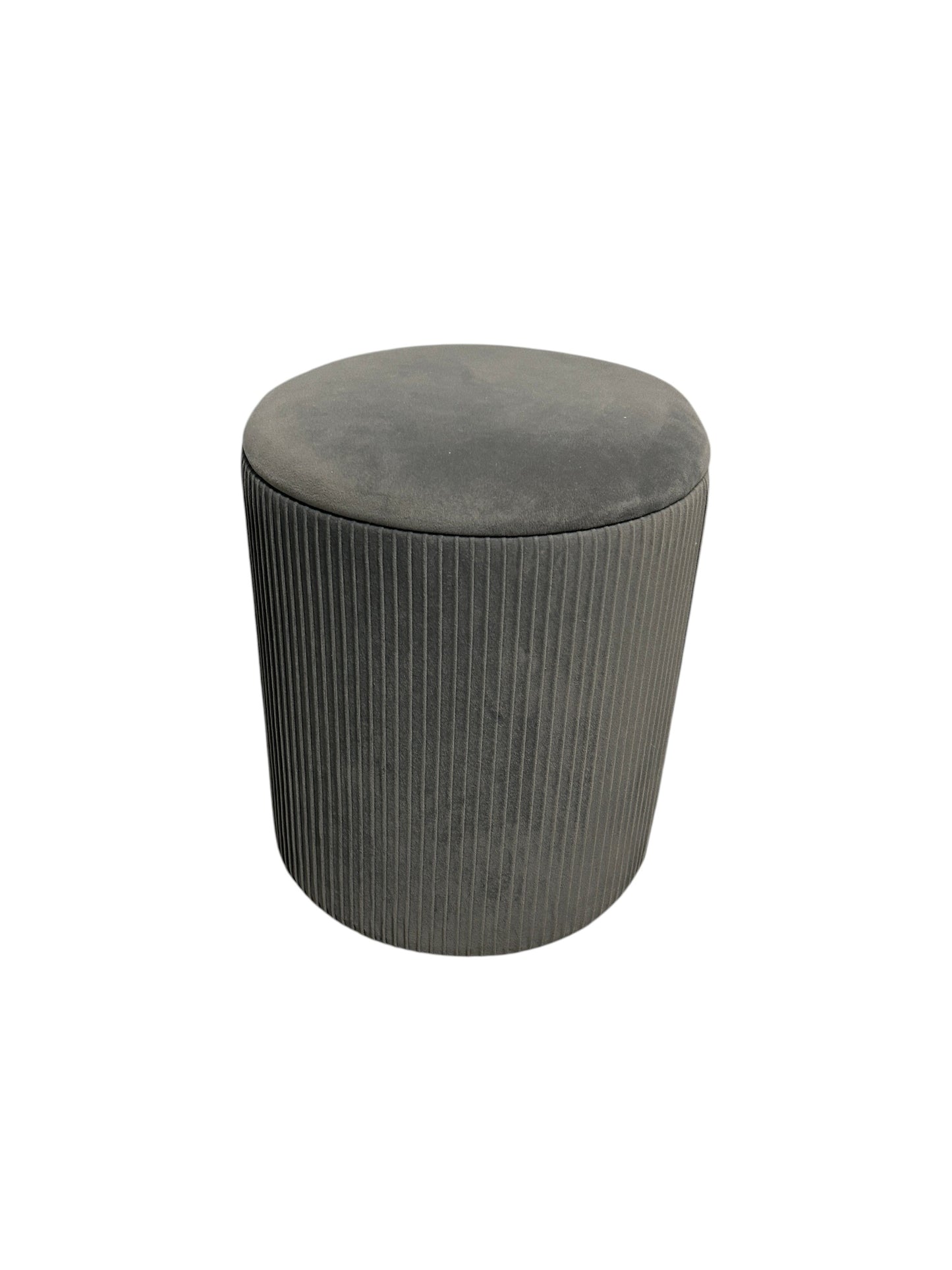 Gray velvet ottoman with ribbed detailing and storage.