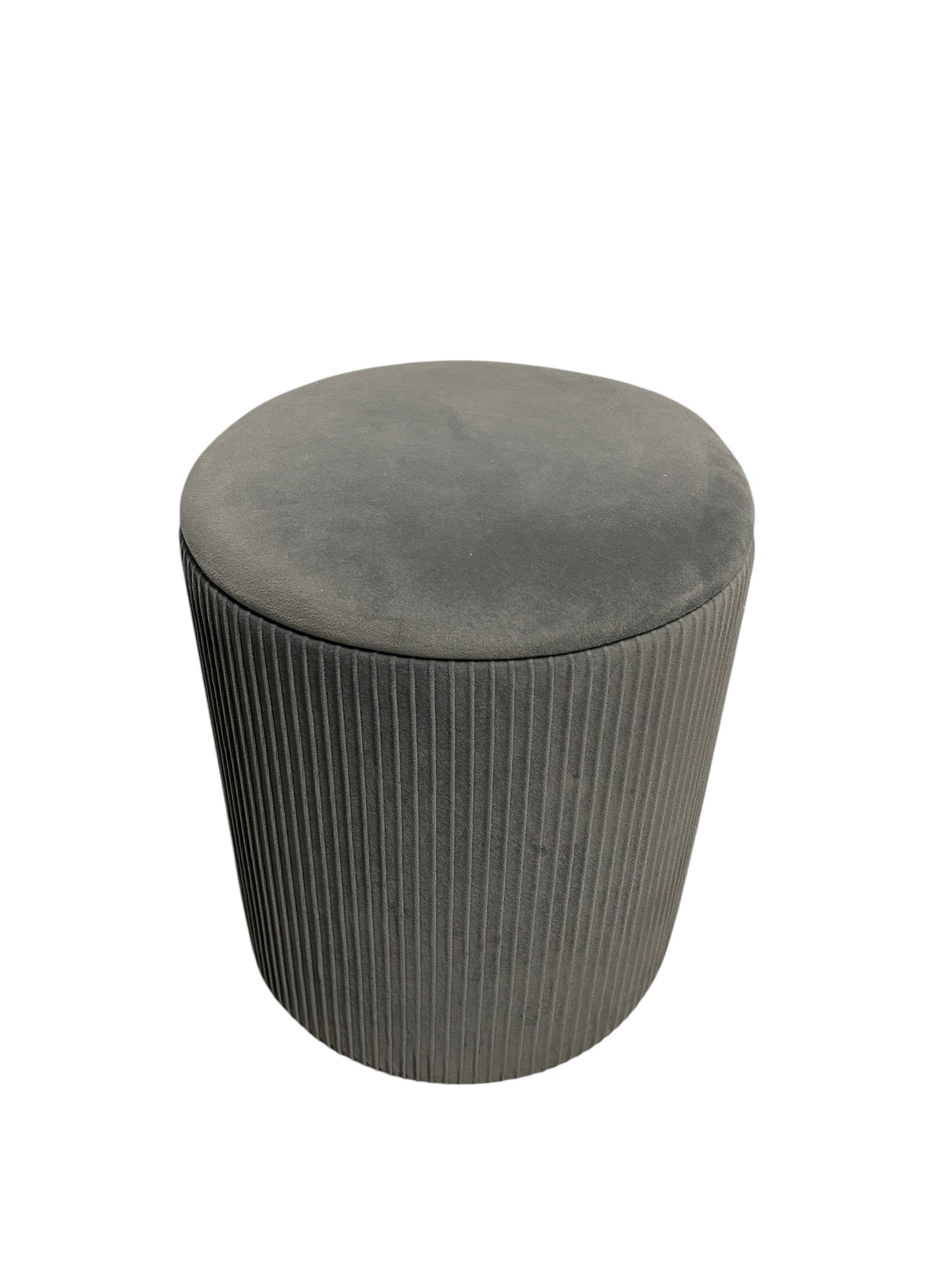 Gray velvet ottoman with ribbed detailing and storage.