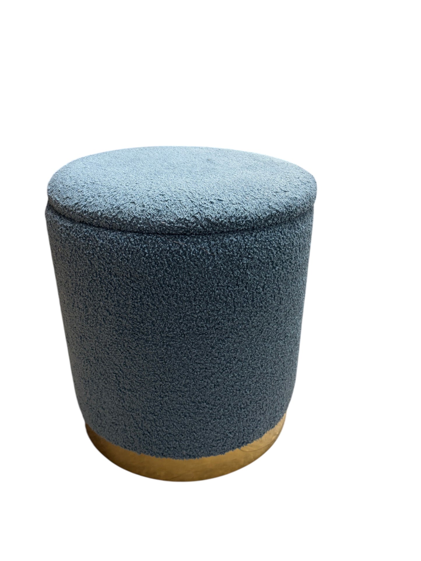 Bed Bath & Beyond blue ottoman with gold base and storage.