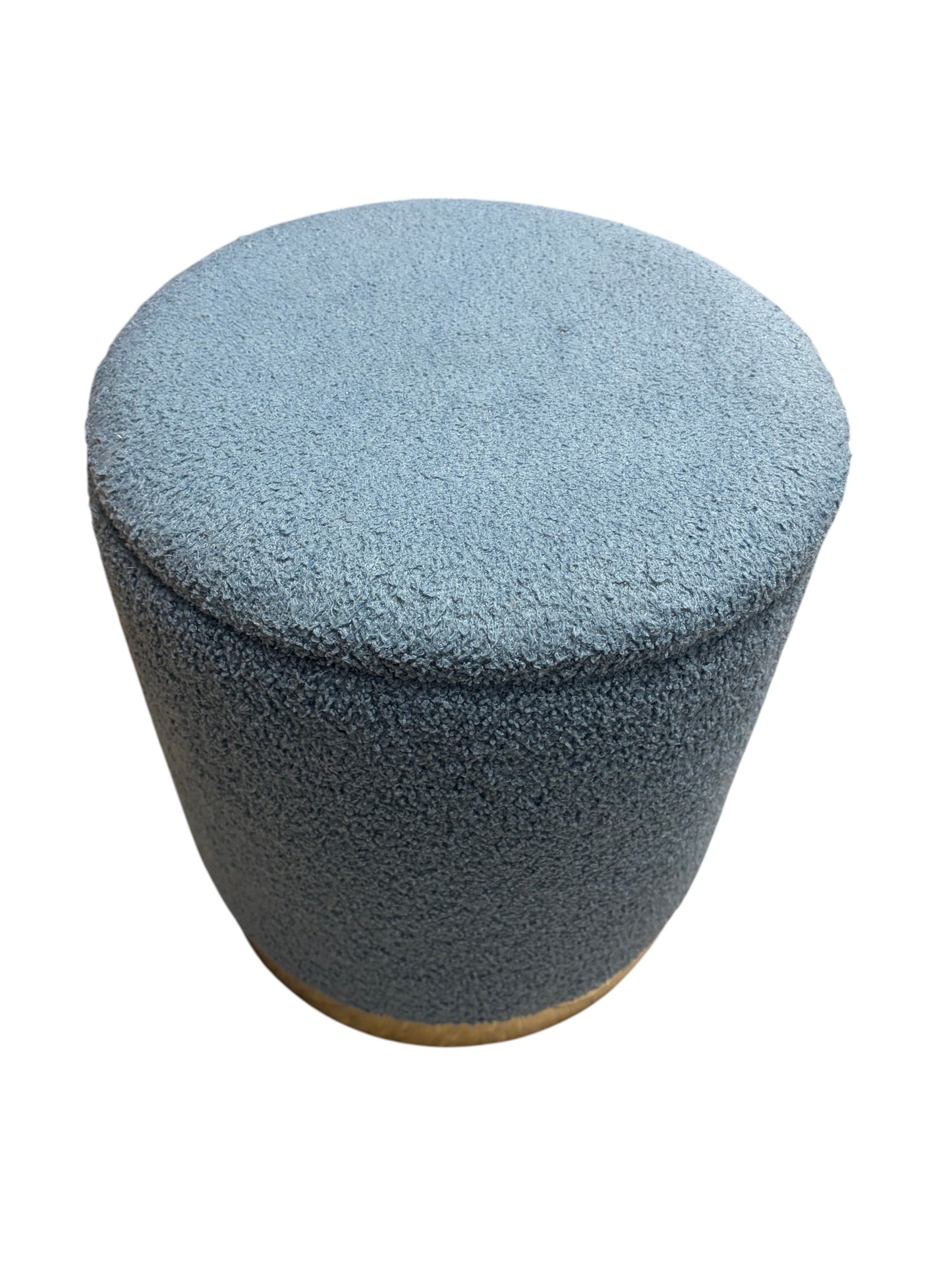 Bed Bath & Beyond blue ottoman with gold base and storage.