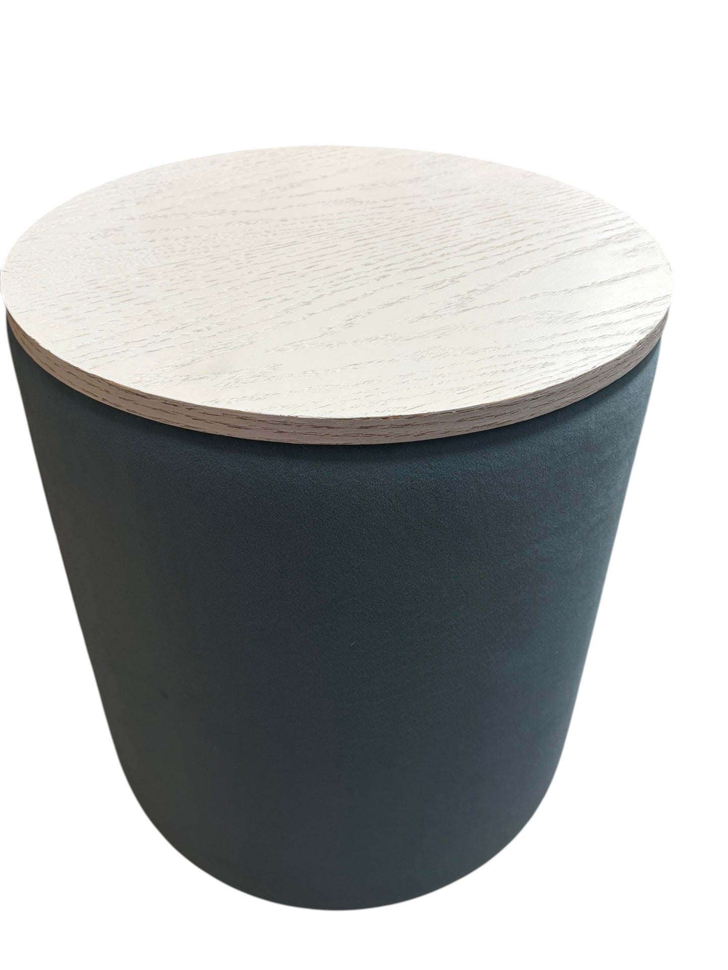 Blue round ottoman with wooden top and storage.