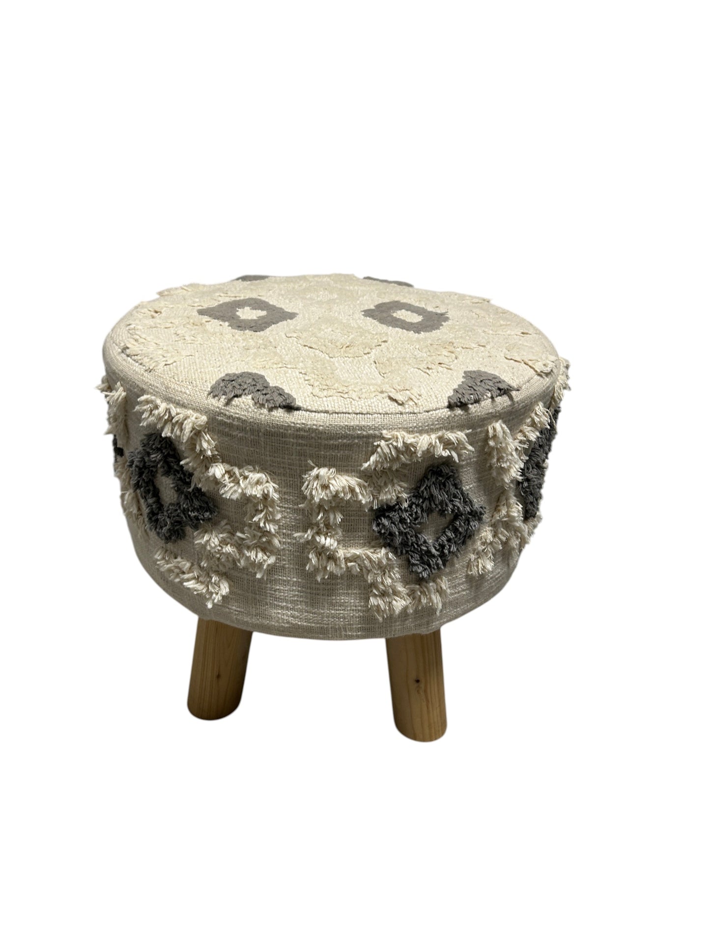 White and gray ottoman stool with wooden legs.