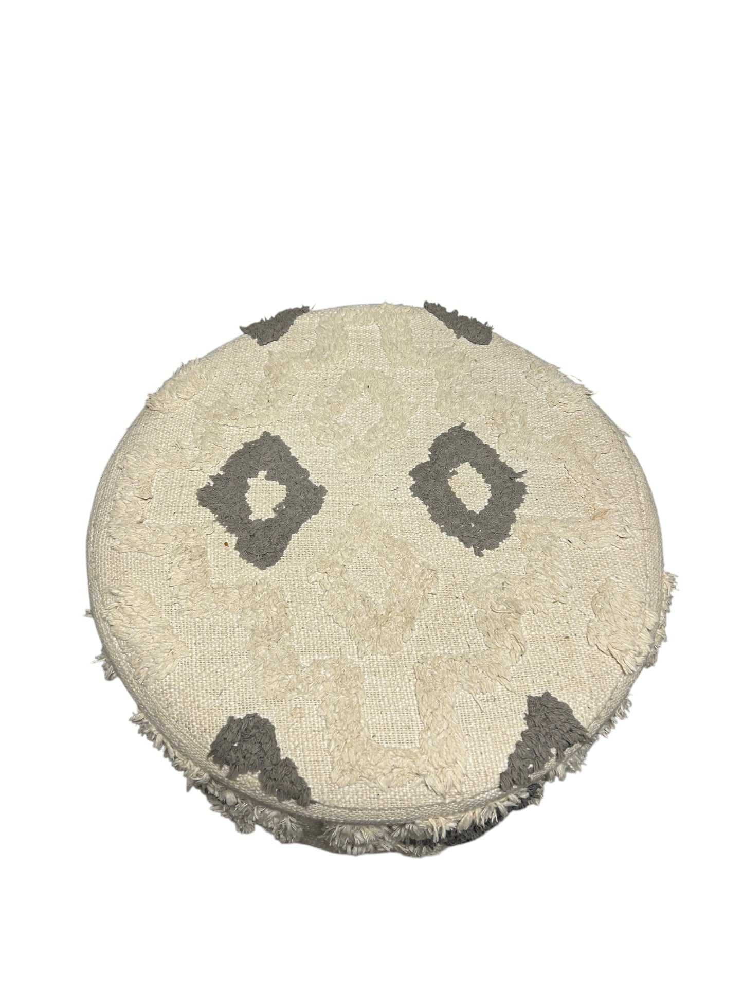 White and gray ottoman stool with wooden legs.
