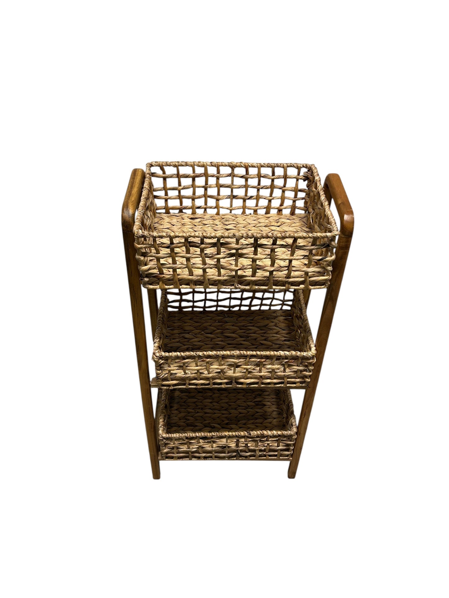 3 tier wicker and wood storage organizer.