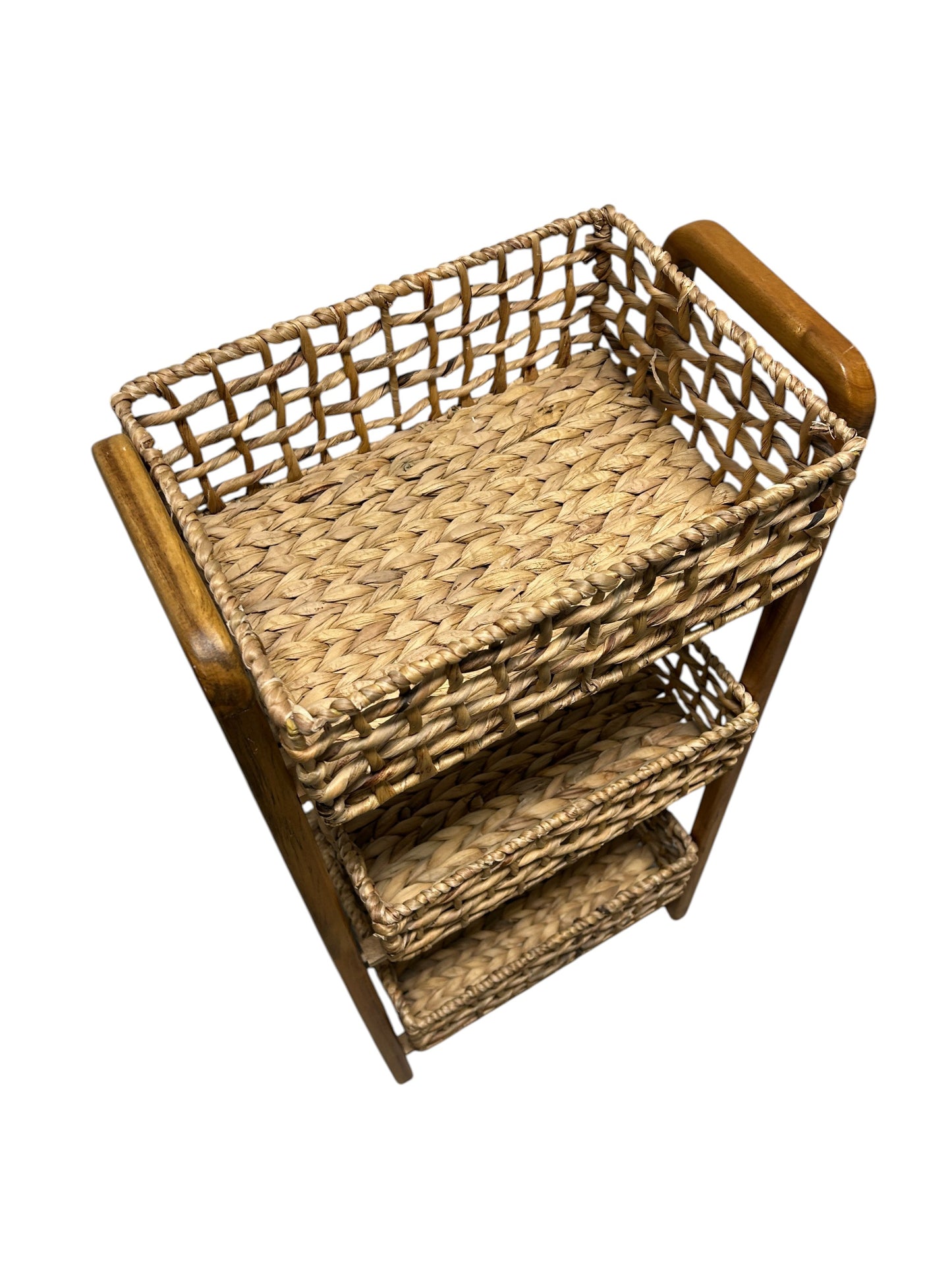 3 tier wicker and wood storage organizer.