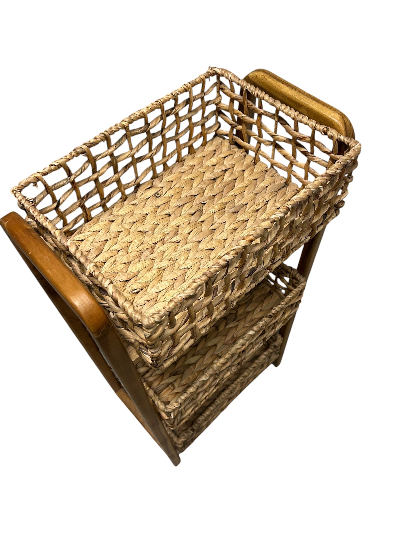 3 tier wicker and wood storage organizer.