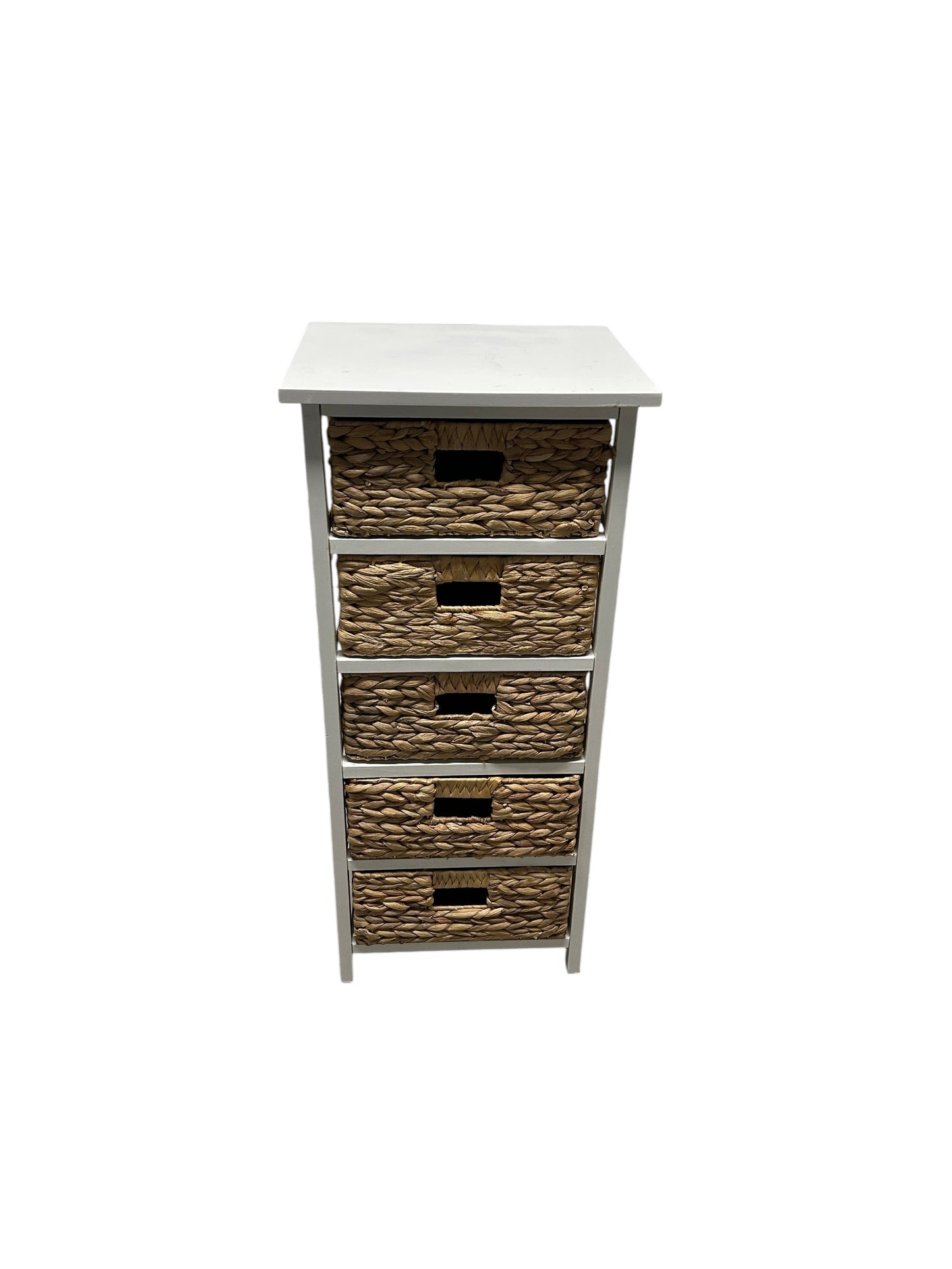 White 5 tier storage unit with woven natural baskets.