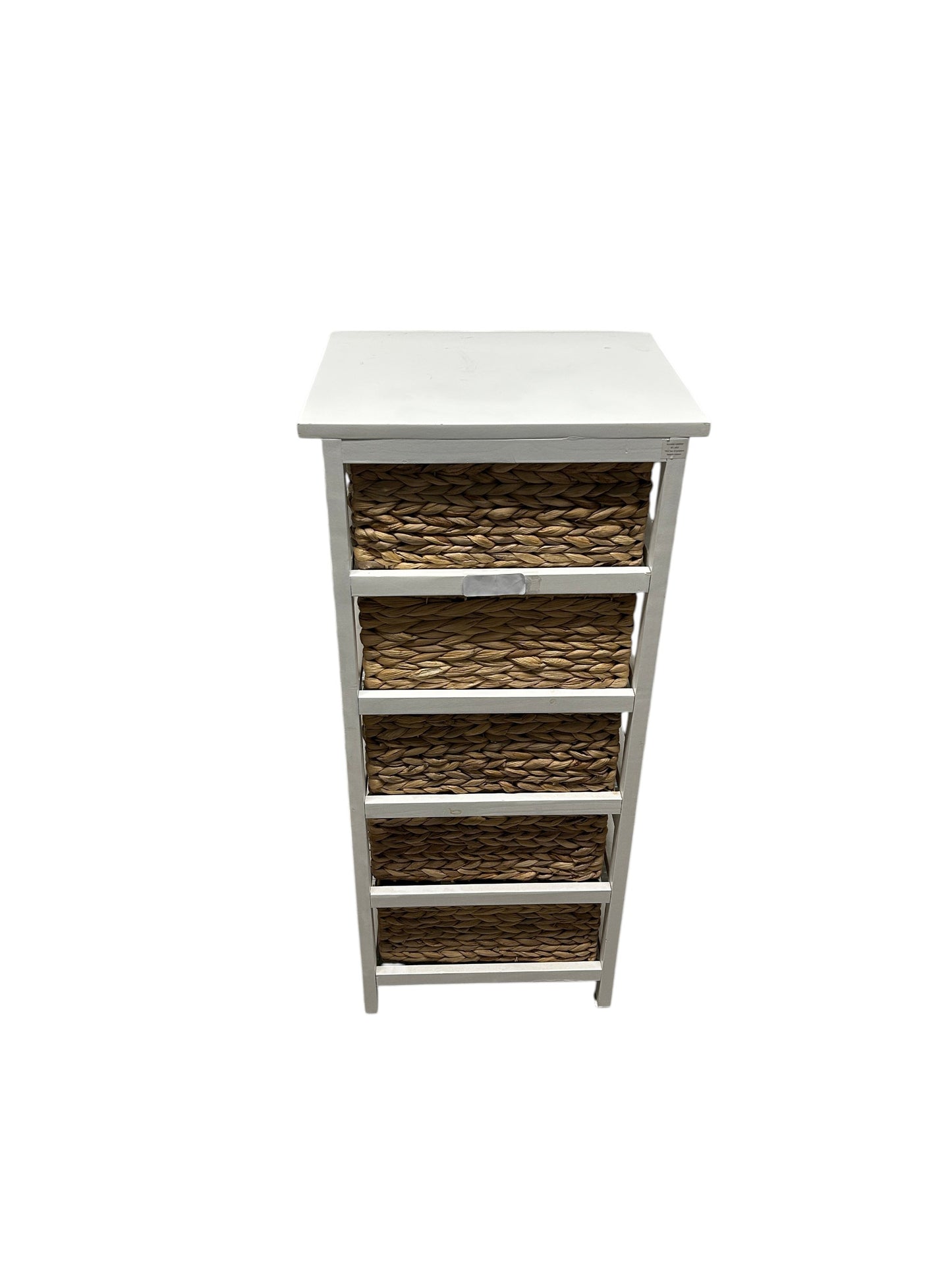 White 5 tier storage unit with woven natural baskets.